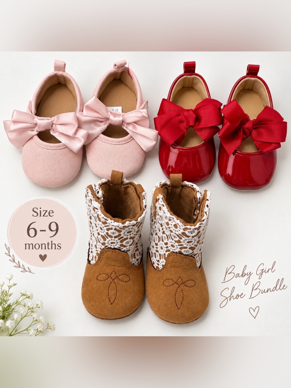 Baby Girl Shoes Bundle 3 Pairs 9-12M Mary Jane Bow Lace Booties NWOT
